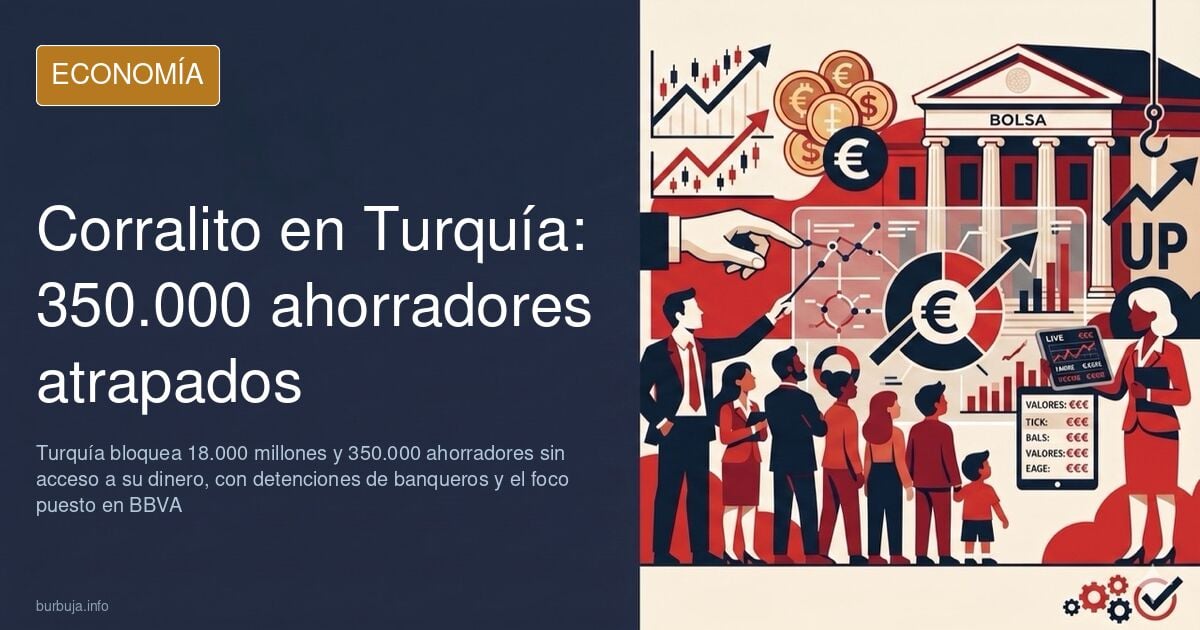 Gráfico financiero con monedas turcas y barras descendentes ilustrando el corralito que bloquea 18.000 millones a 350.000 aho