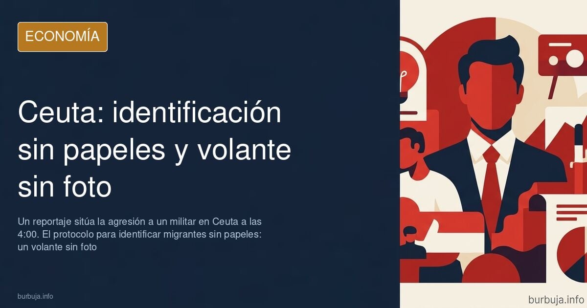 Ilustración editorial sobre identificación de migrantes en Ceuta con siluetas y un puesto fronterizo en azul marino y dorado
