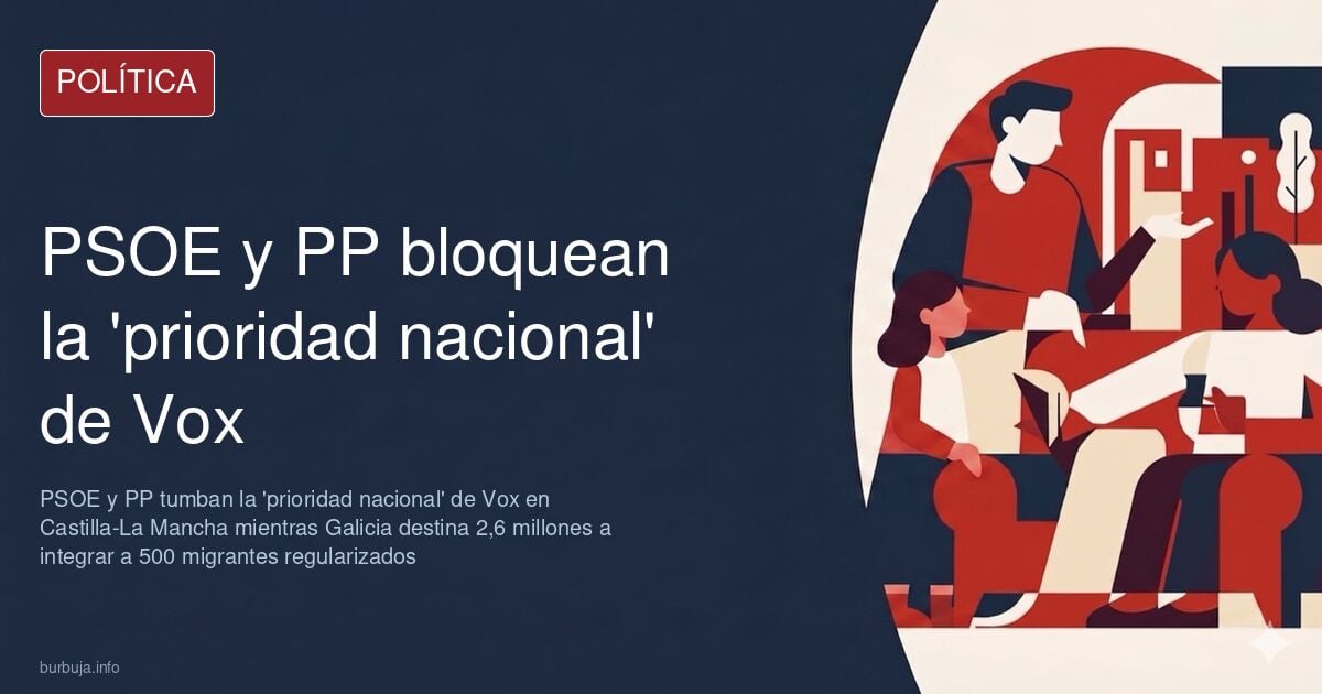 Ilustración editorial de la votación en Castilla-La Mancha con escaños del PSOE y el PP frente a la propuesta migratoria de V