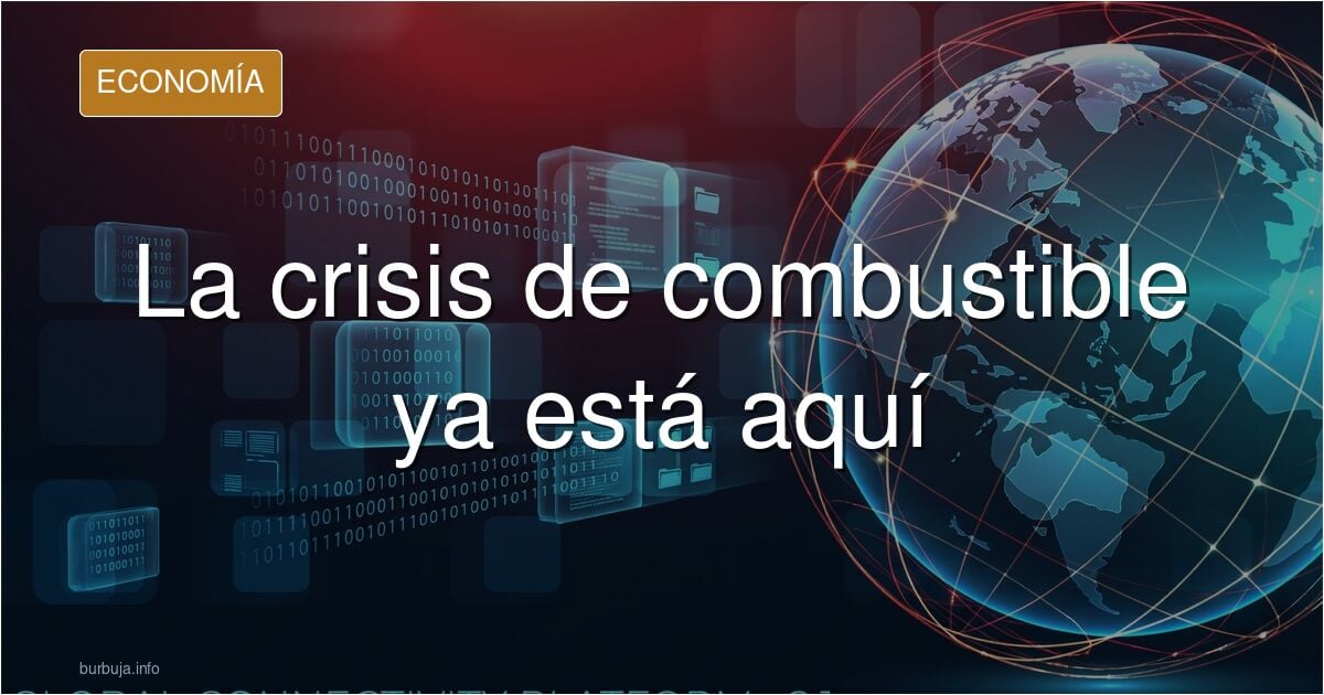 Ilustración editorial de una refinería con gráfico de precios del crudo al alza durante la crisis de combustible
