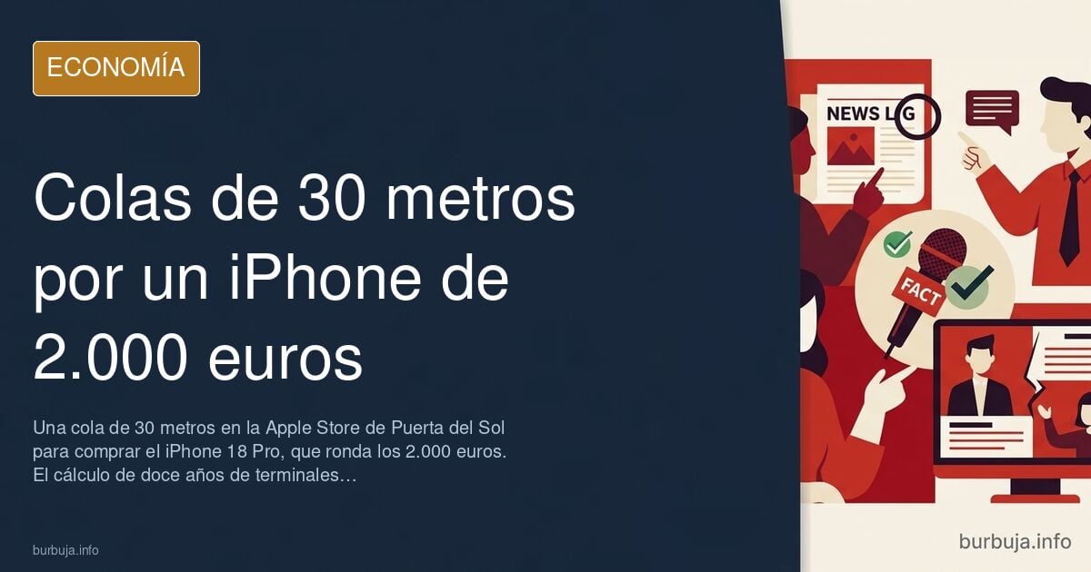 Cola de personas esperando en la acera frente a una tienda de tecnología en Madrid para comprar el nuevo iPhone 18 Pro de cas