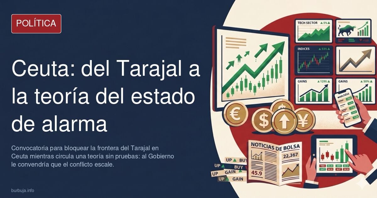 Ilustración editorial de la frontera del Tarajal en Ceuta con carpas de campamento y motoristas convocados al bloqueo