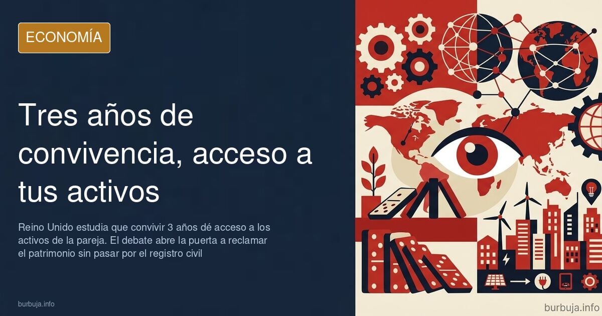 Ilustración editorial de una pareja separada por una línea divisoria con activos financieros y un contrato de convivencia sob