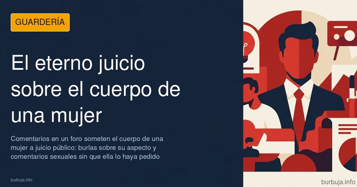 Ilustración de un jurado improvisado levantando cartulinas de aprobado y suspenso ante una silueta femenina