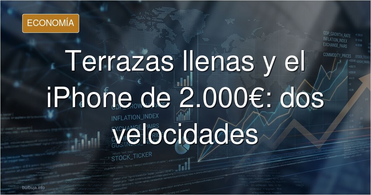 Ilustración editorial sobre terrazas llenas, colas para el nuevo iPhone de 2.000 euros y el relato de asalariados que no lleg