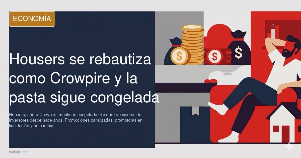 Ilustración editorial sobre la plataforma de inversión inmobiliaria Housers, hoy Crowpire, con gráficos bursátiles y edificio