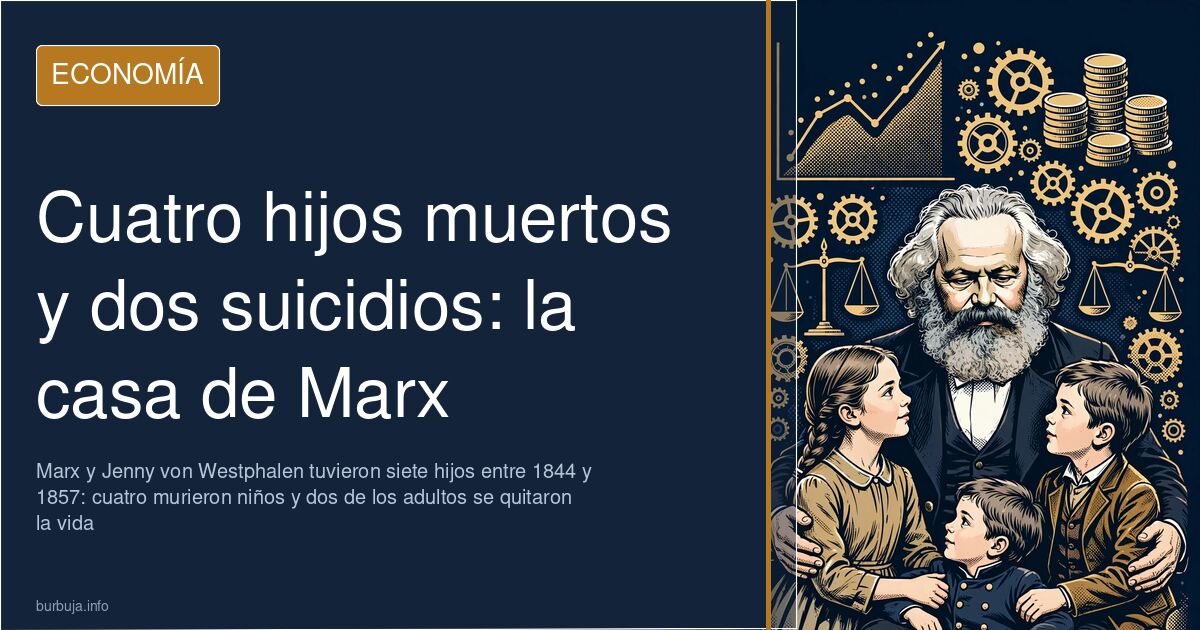 Ilustración editorial de Karl Marx junto a un gráfico decreciente con los siete hijos y cuatro muertes tempranas