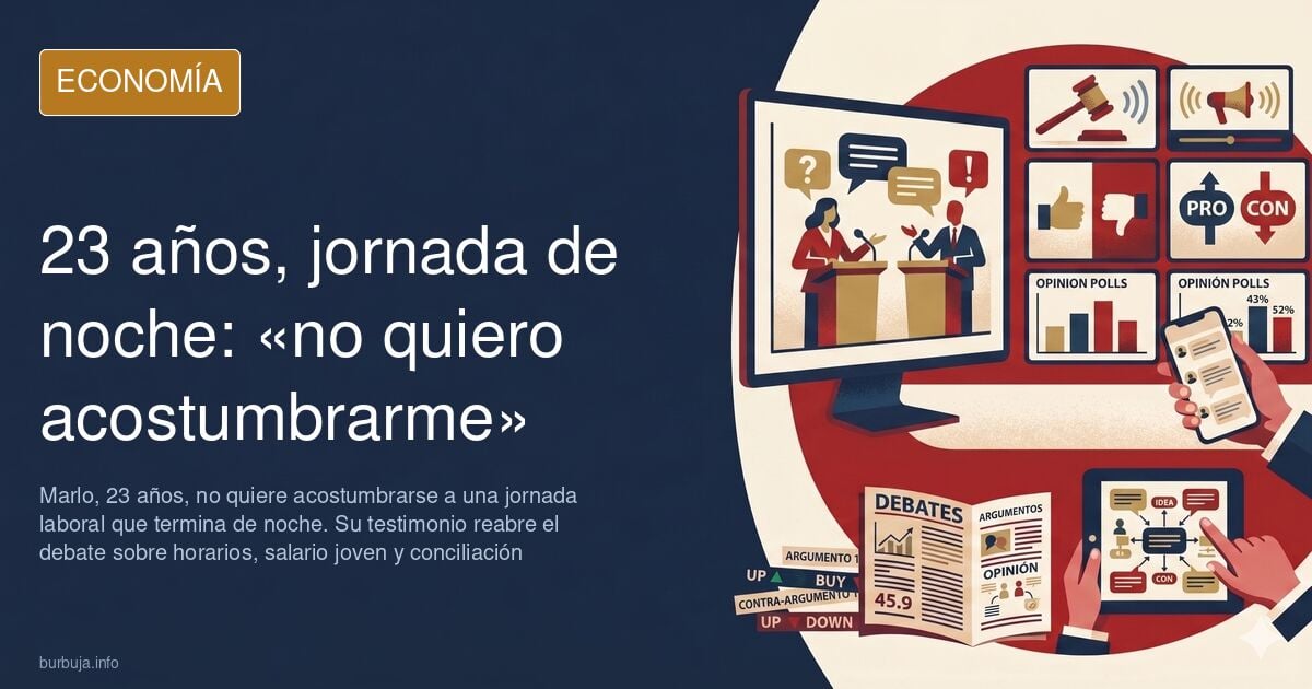 Reloj partido entre una fábrica y una casa al anochecer, ilustración editorial sobre la jornada laboral de ocho horas y el ti