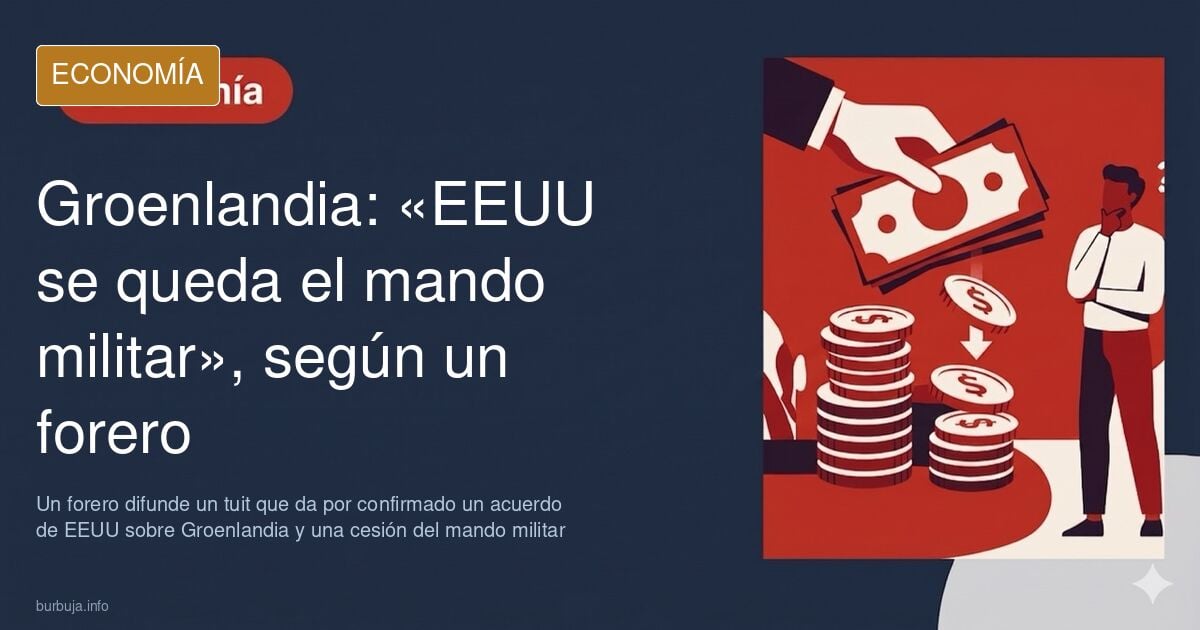 Mapa de Groenlandia sobre gráficos financieros en azul marino y dorado con siluetas de instalaciones militares
