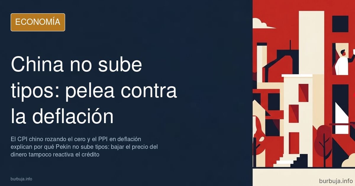 Ilustración editorial de tipos de interés y deflación china con gráfico descendente, fábrica y monedas doradas sobre fondo az