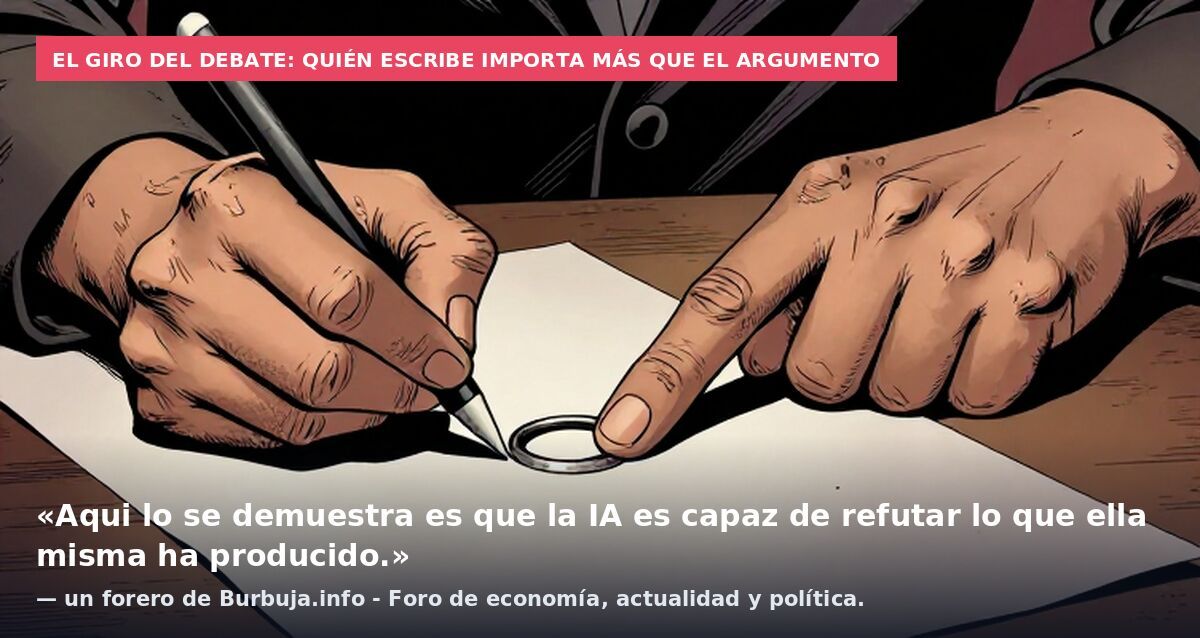 El giro del debate: quién escribe importa más que el argumento: «Aqui lo se demuestra es que la IA es capaz de refutar lo que ella misma ha producido.» — un forero de Burbuja.info - Foro de economía, actualidad y política.