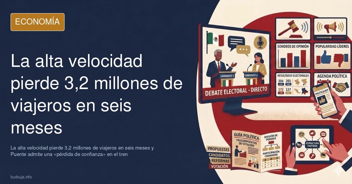 Ilustración editorial de un tren de alta velocidad sobre vías con gráficos de descenso de pasajeros en azul marino y dorado