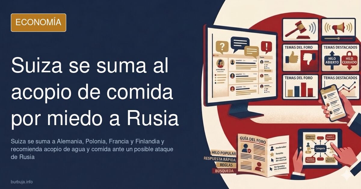 Ilustración editorial con un mapa de Europa, latas de conserva y garrafas de agua sobre fondo azul marino y dorado