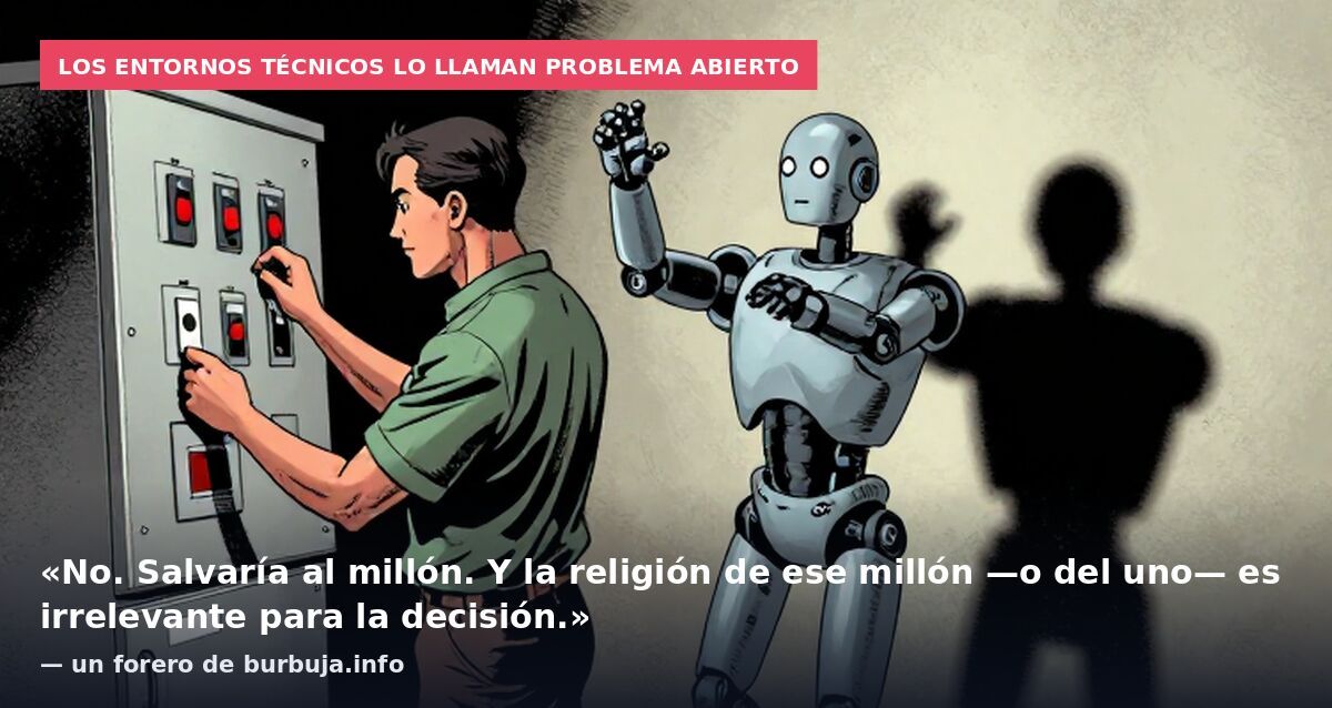 Los entornos técnicos lo llaman problema abierto: «No. Salvaría al millón. Y la religión de ese millón —o del uno— es irrelevante para la decisión.» — un forero de burbuja.info