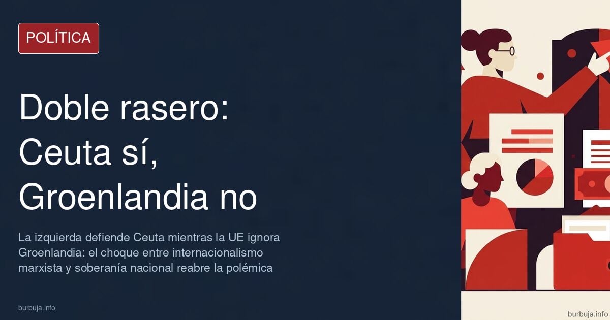 Ilustración editorial con bandera europea, un mapa de Ceuta y Groenlandia y un atril parlamentario en tonos rojos y azules ap