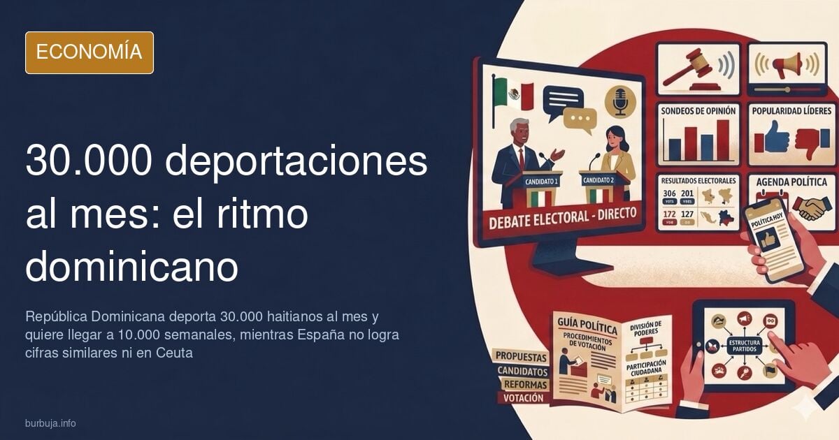 Ilustración editorial de un control fronterizo y deportaciones de migrantes haitianos en azul marino y dorado