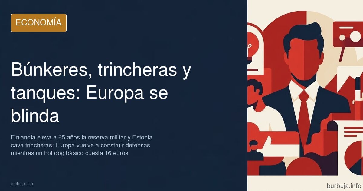 Ilustración editorial con búnkeres, trincheras y tanques sobre un mapa de Europa en tonos azul marino y dorado