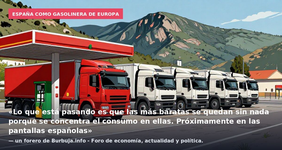 España como gasolinera de Europa: «Lo que está pasando es que las más baratas se quedan sin nada porque se concentra el consumo en ellas. Próximamente en las pantallas españolas» — un forero de Burbuja.info - Foro de economía, actualidad y política.