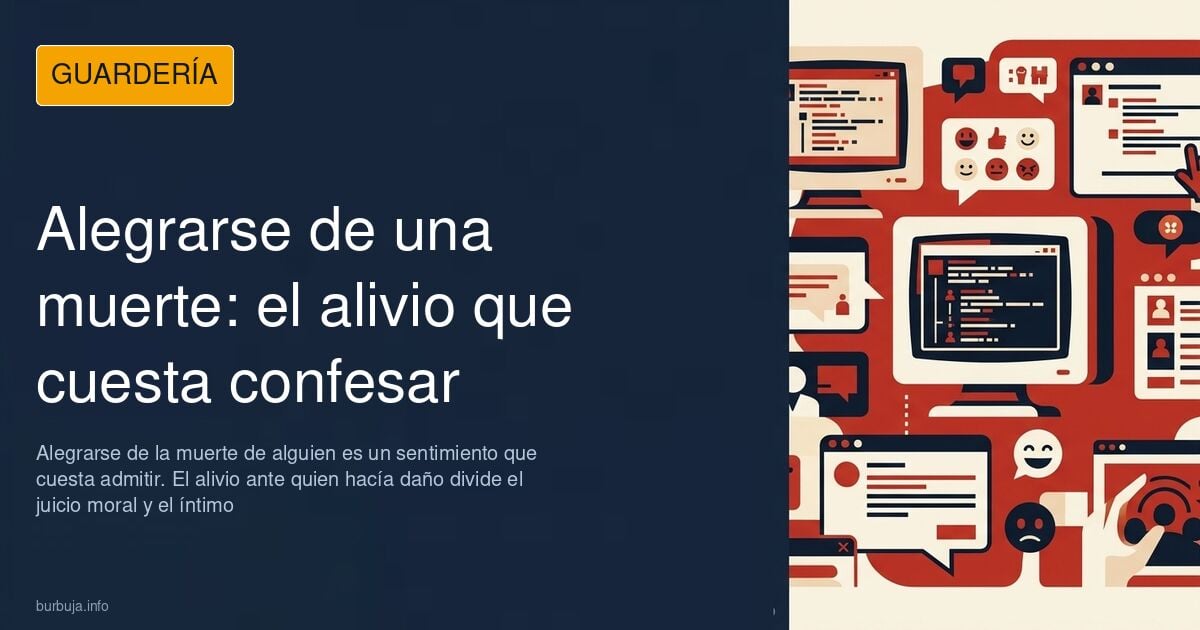 Ilustración de un hombre de espaldas ante una multitud que celebra, escena sobre alegrarse de la muerte de alguien
