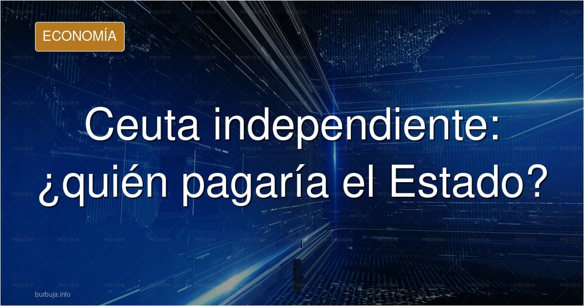 Ilustración editorial de Ceuta como Estado independiente, con gráficos financieros, edificios institucionales y el Estrecho d