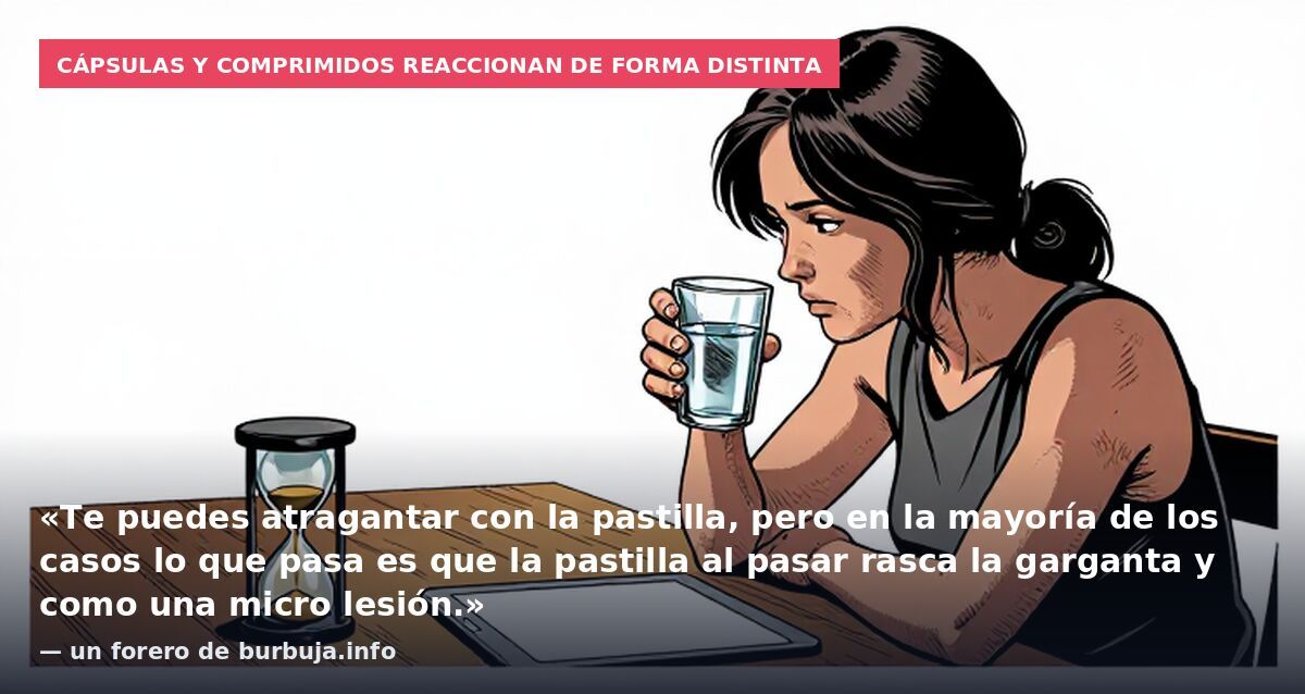 Cápsulas y comprimidos reaccionan de forma distinta: «Te puedes atragantar con la pastilla, pero en la mayoría de los casos lo que pasa es que la pastilla al pasar rasca la garganta y como una micro lesión.» — un forero de burbuja.info