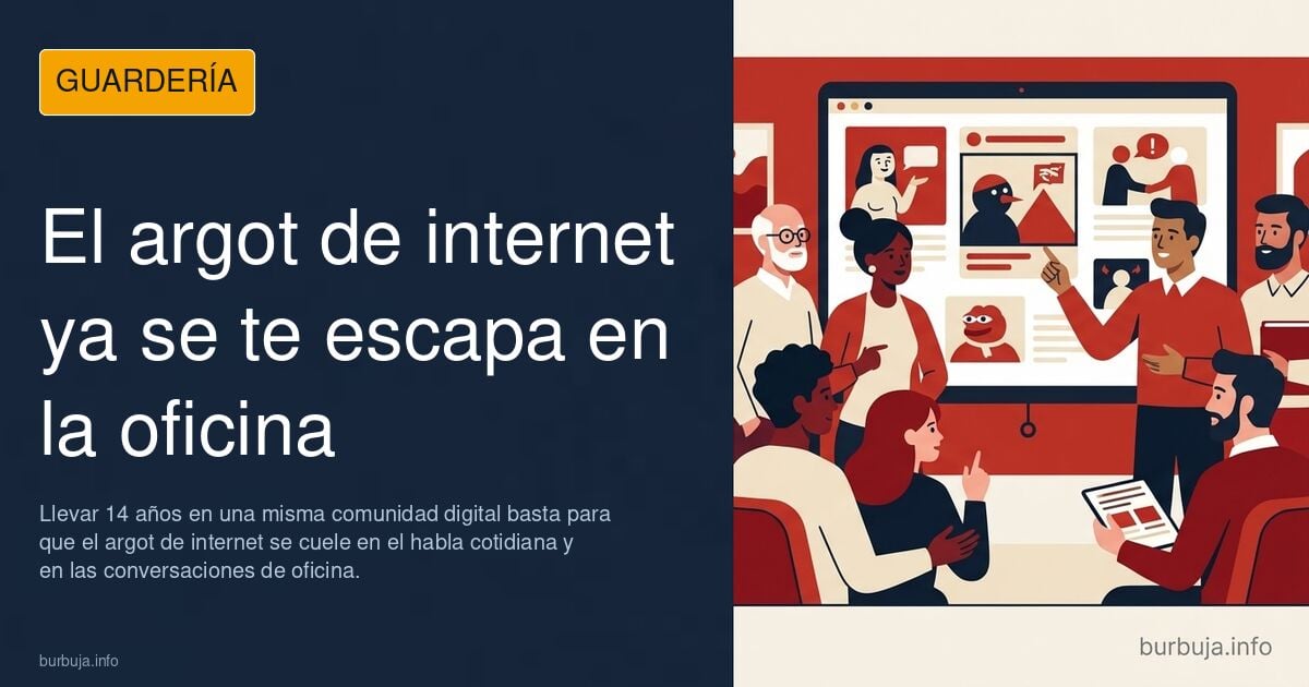 Conversación de oficina con el argot de internet colándose en palabras flotantes alrededor de un trabajador
