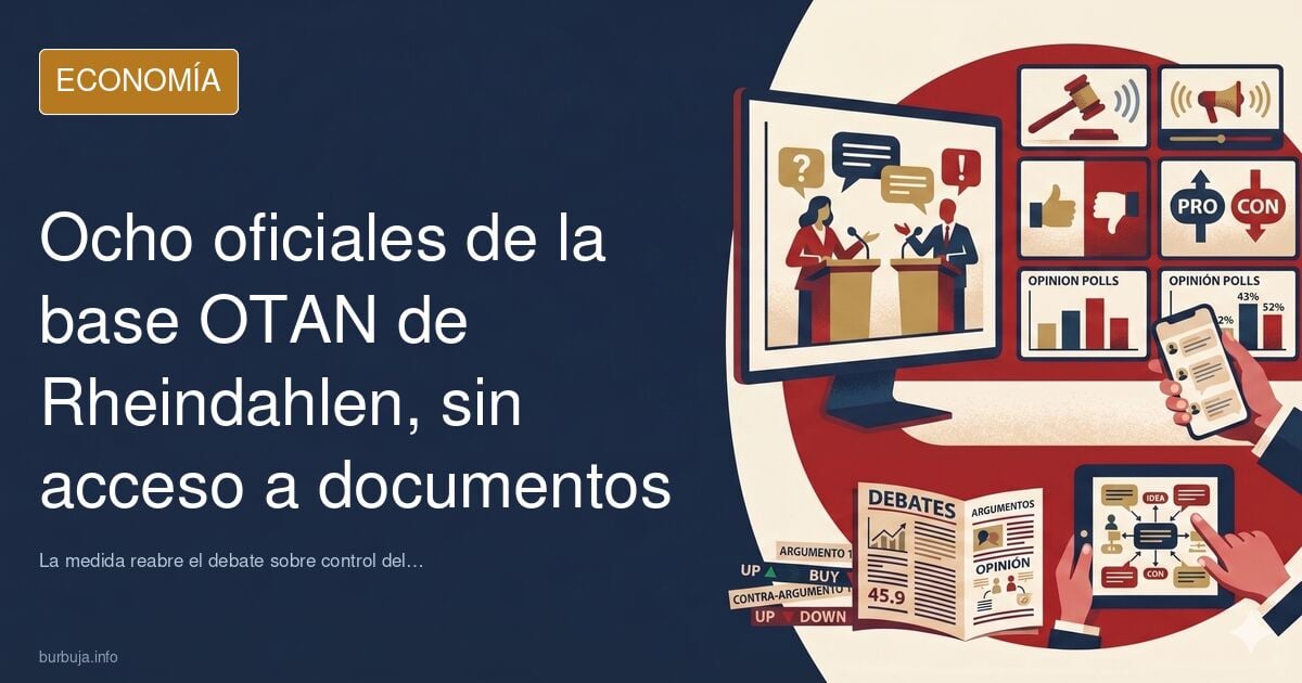 Ilustración editorial de una base militar de la OTAN con silueta de mapa y documentos clasificados, en tonos azul marino y do