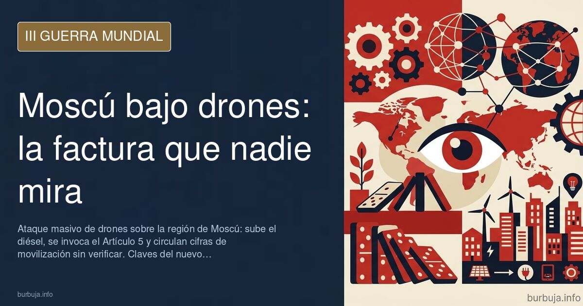 Ilustración documental desaturada del ataque con drones a Moscú: siluetas de aparatos no tripulados sobre una refinería y hum