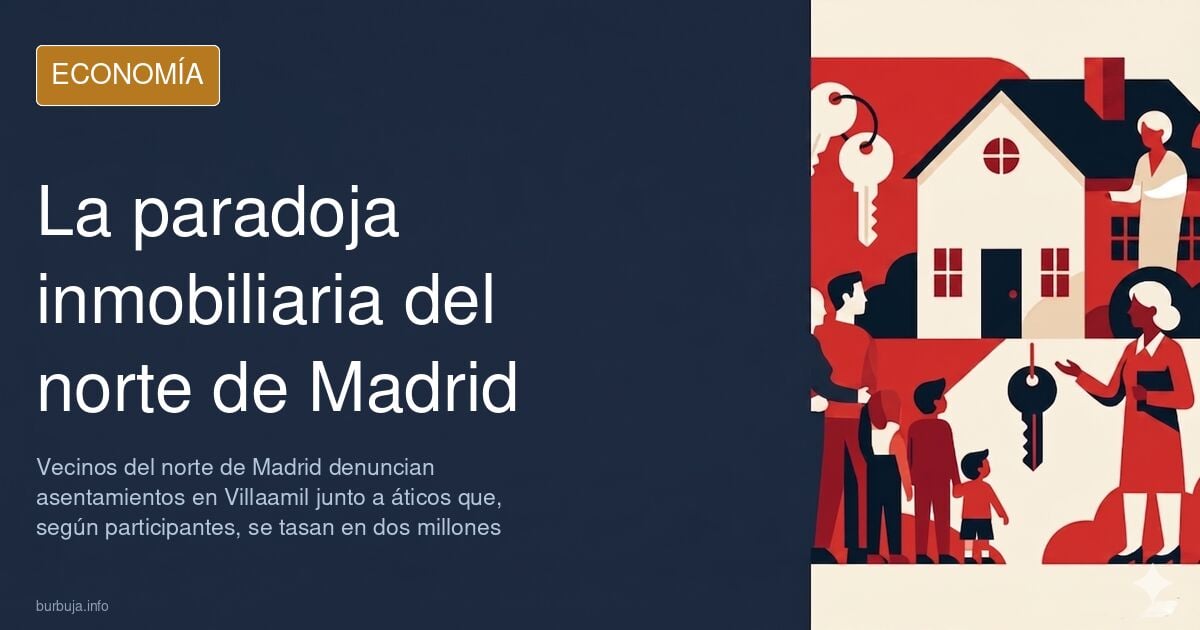 Ilustración editorial de edificios altos frente a viviendas precarias en Madrid, símbolo de la revalorización de la vivienda