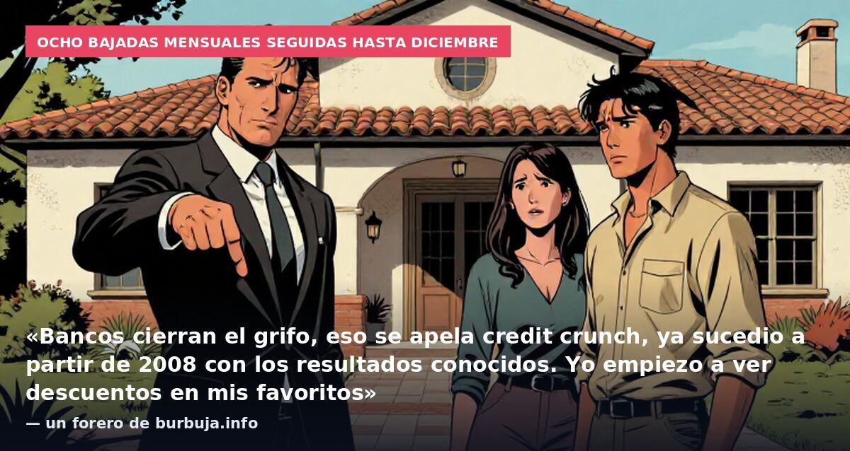 Ocho bajadas mensuales seguidas hasta diciembre: «Bancos cierran el grifo, eso se apela credit crunch, ya sucedio a partir de 2008 con los resultados conocidos. Yo empiezo a ver descuentos en mis favoritos» — un forero de burbuja.info