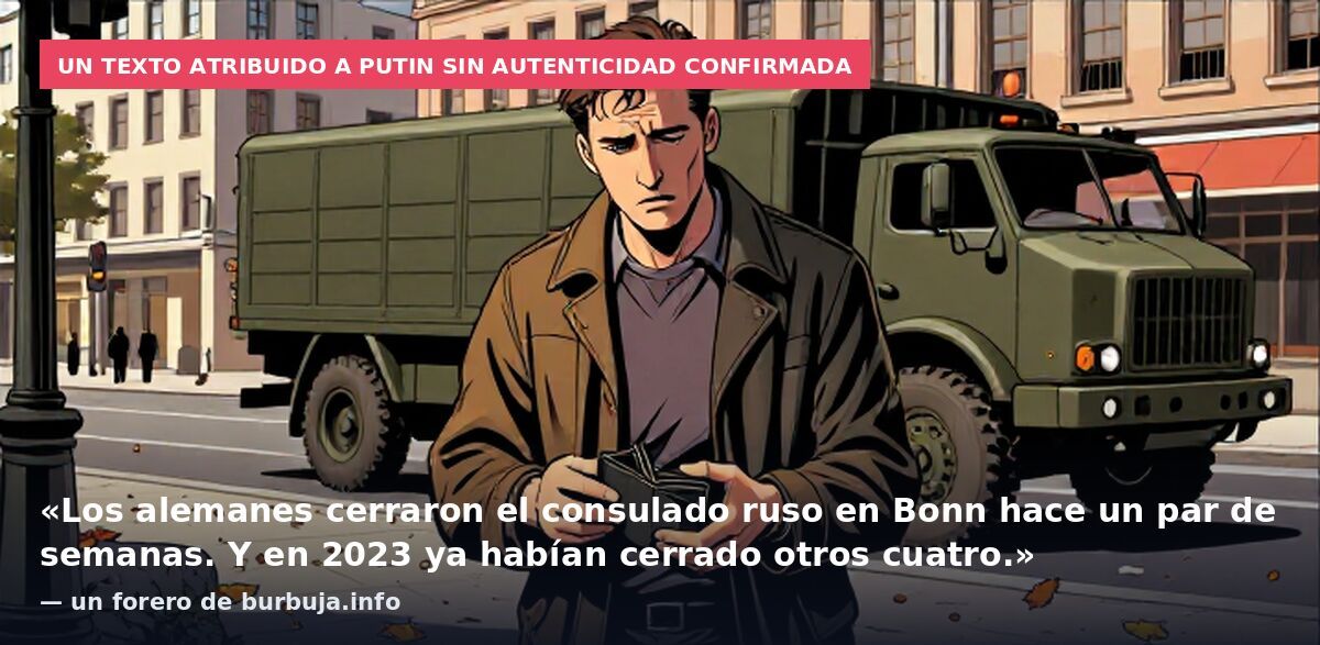 Un texto atribuido a Putin sin autenticidad confirmada: «Los alemanes cerraron el consulado ruso en Bonn hace un par de semanas. Y en 2023 ya habían cerrado otros cuatro.» — un forero de burbuja.info