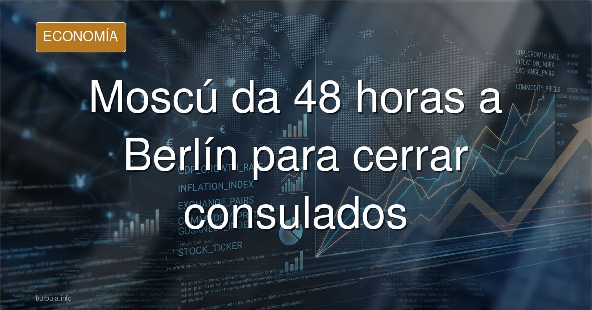 Fachada de un consulado con banderas de Rusia y Alemania al fondo en tonos azul marino y dorado