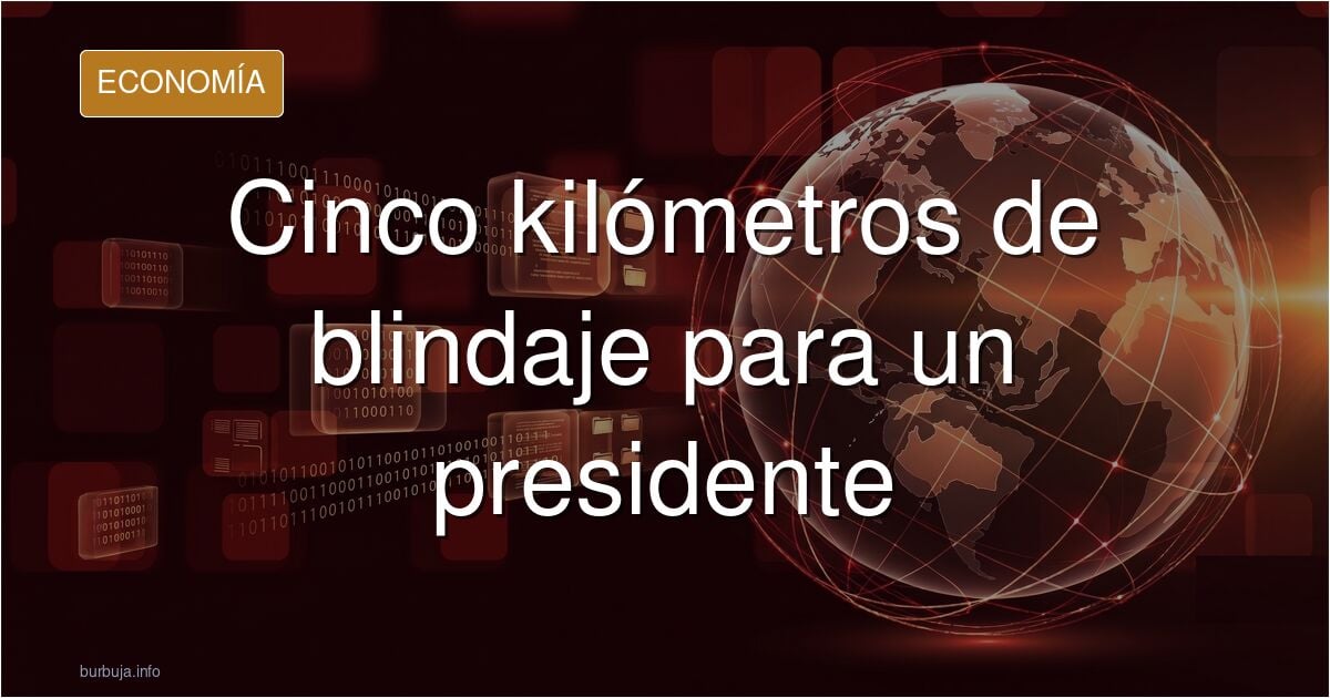 Atril presidencial rodeado por un extenso perímetro de seguridad en una ilustración editorial azul marino y dorado