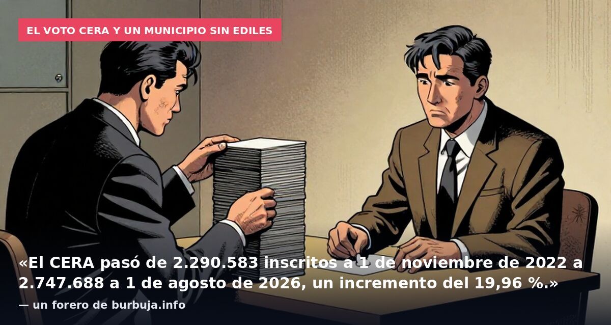 El voto CERA y un municipio sin ediles: «El CERA pasó de 2.290.583 inscritos a 1 de noviembre de 2022 a 2.747.688 a 1 de agosto de 2026, un incremento del 19,96 %.» — un forero de burbuja.info