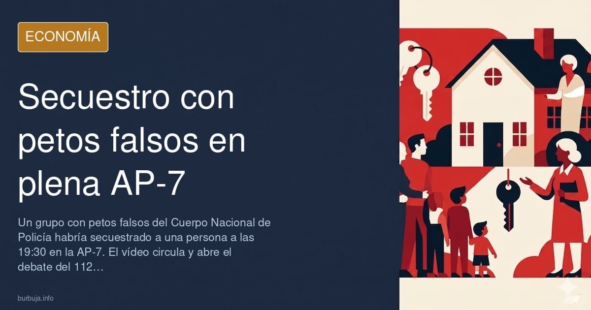 Ilustración editorial de un coche detenido en la AP-7 con figuras de uniforme oscuro y un gráfico de líneas doradas al fondo