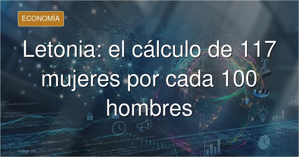 Ilustración editorial en azul marino y oro sobre el cálculo que circula acerca de la proporción de mujeres y hombres en Leton