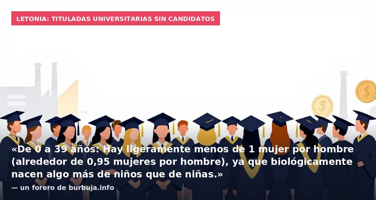 Letonia: tituladas universitarias sin candidatos: «De 0 a 39 años: Hay ligeramente menos de 1 mujer por hombre (alrededor de 0,95 mujeres por hombre), ya que biológicamente nacen algo más de niños que de niñas.» — un forero de burbuja.info