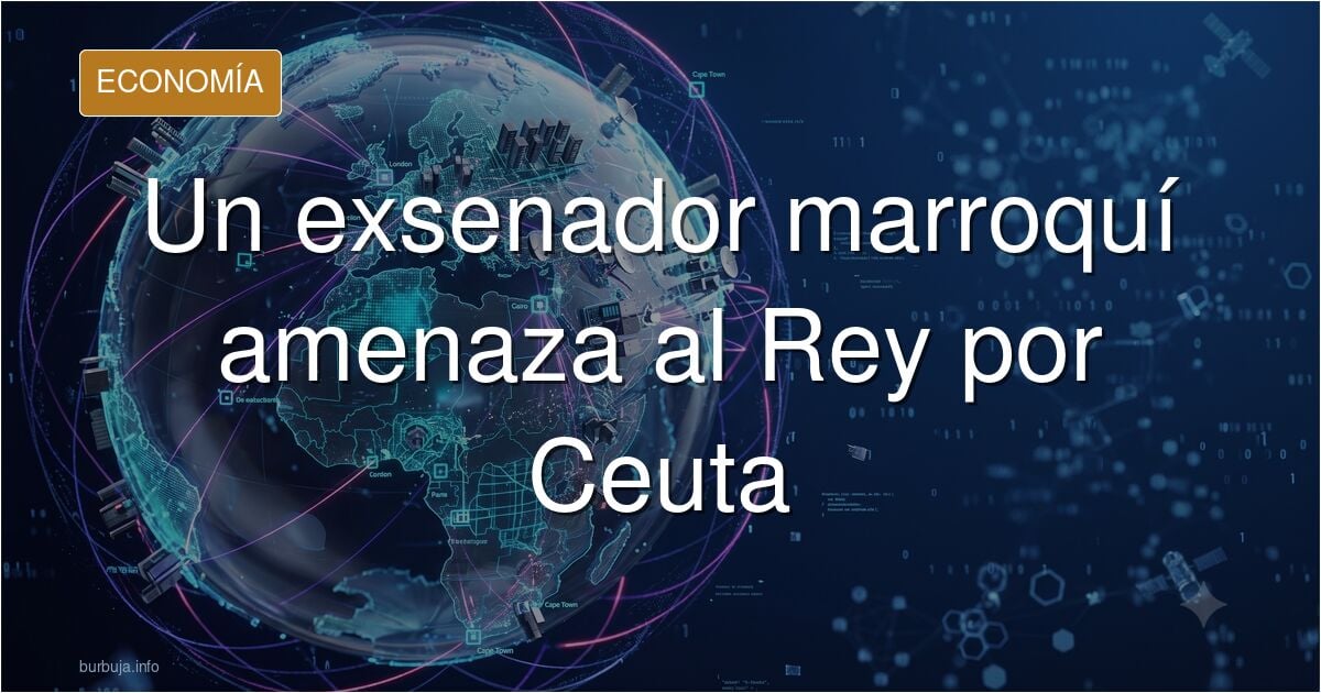 Ilustración editorial con mapas de Ceuta y Melilla sobre gráficos financieros en azul marino y dorado