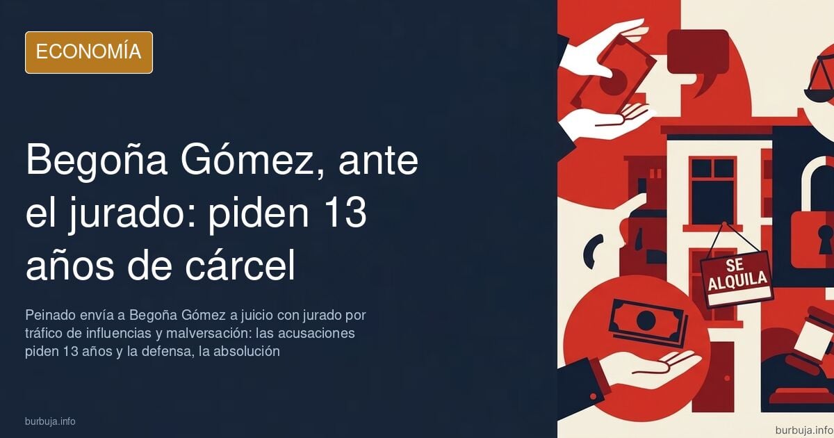 Escena judicial con urna de jurado popular y gráfico de barras al fondo, ilustración del juicio a Begoña Gómez