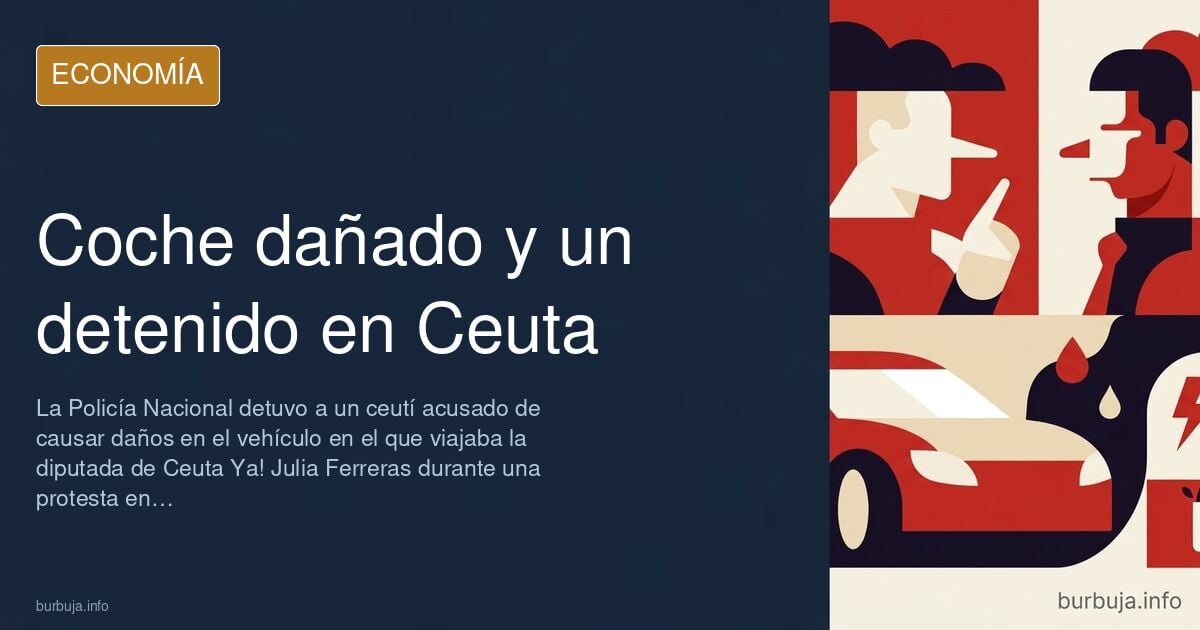 Ilustración editorial de un coche rodeado por una multitud durante una protesta en Ceuta, con edificios de la ciudad al fondo