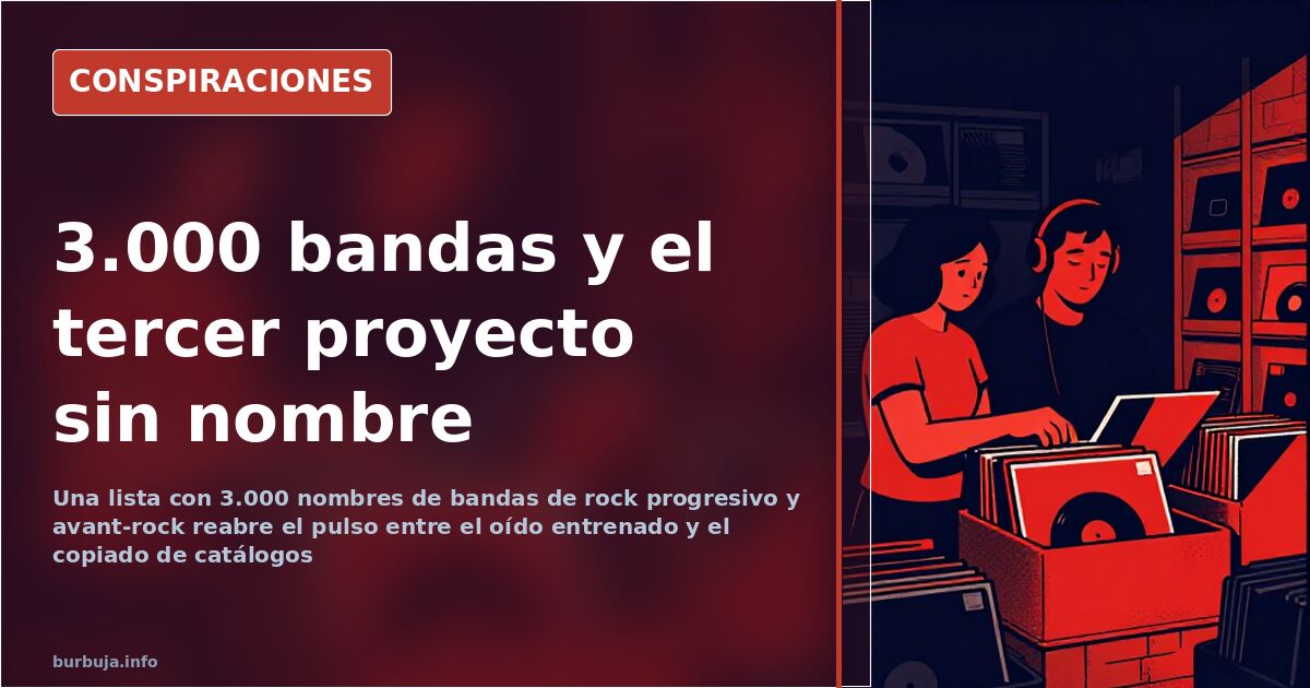Estantería de vinilos de rock progresivo junto a una lista de nombres de bandas de avant-prog