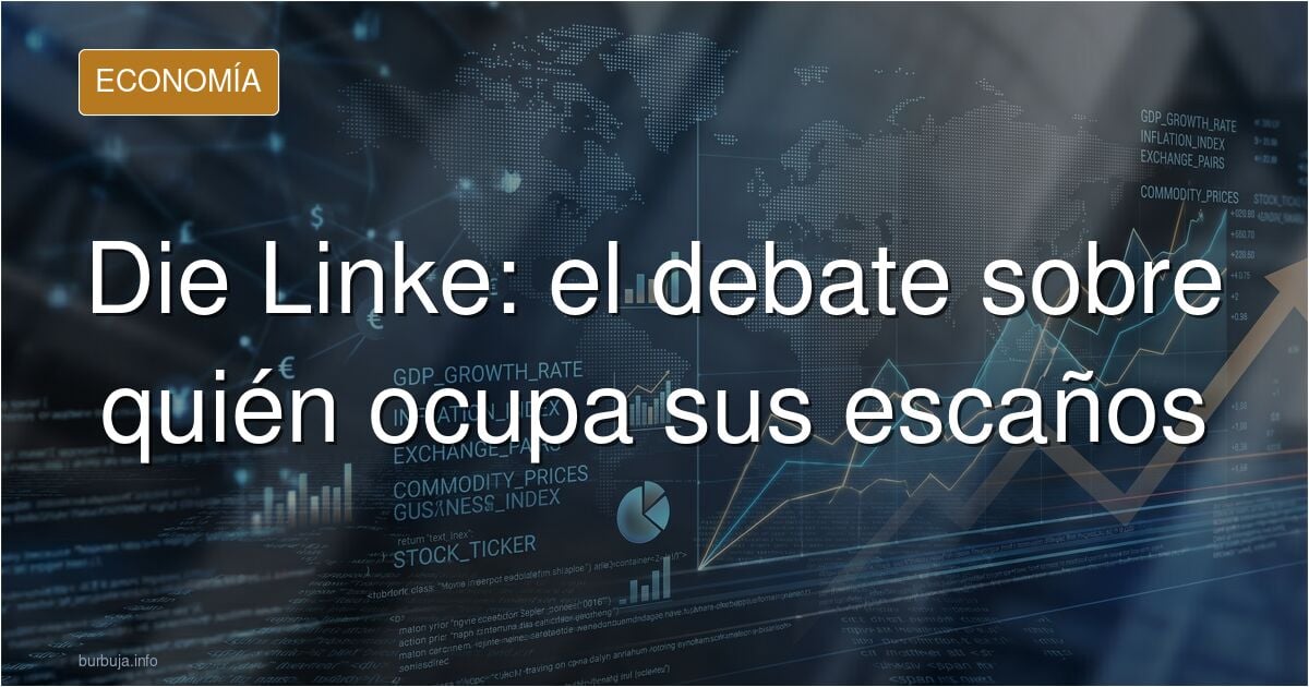 Ilustración editorial en azul marino y dorado con gráficos y escaños sobre el debate en torno a Die Linke