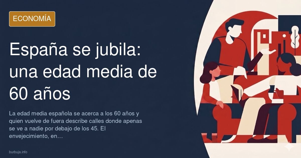 Ilustración editorial de una calle española con mayoría de personas mayores junto a gráficos de envejecimiento y pirámide de 