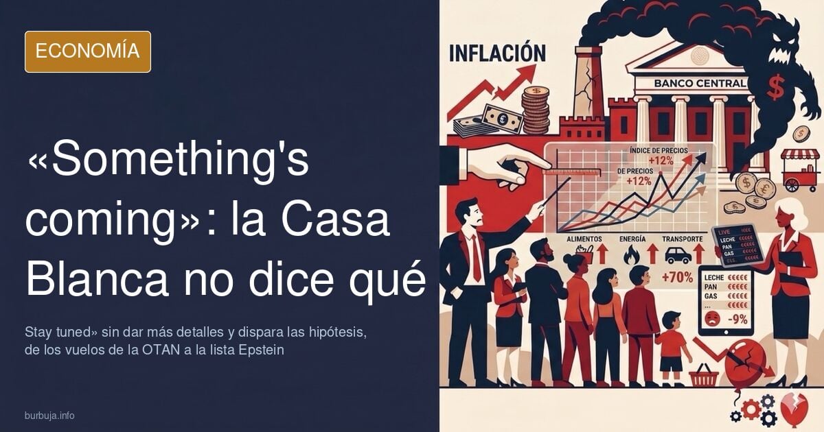 Ilustración editorial de la fachada de la Casa Blanca con pantallas y gráficos financieros proyectados sobre ella ante un anu