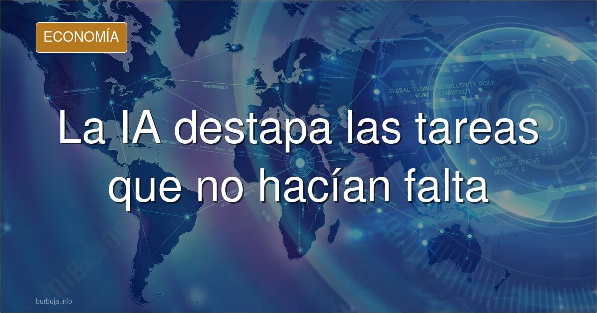 Ilustración editorial de una oficina con gráficos y monedas donde la inteligencia artificial señala informes y reuniones inút
