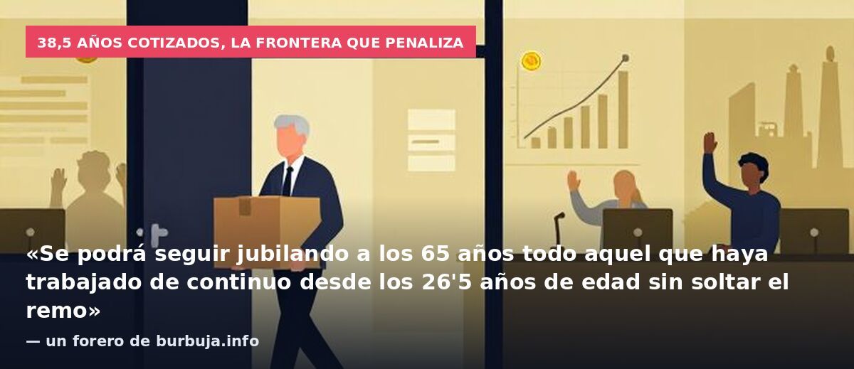 38,5 años cotizados, la frontera que penaliza: «Se podrá seguir jubilando a los 65 años todo aquel que haya trabajado de continuo desde los 26'5 años de edad sin soltar el remo» — un forero de burbuja.info
