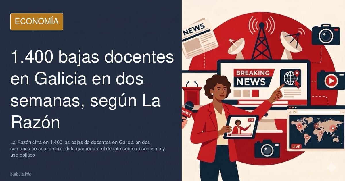 Ilustración editorial de un aula vacía y un gráfico de bajas laborales sobre las 1.400 bajas de docentes en Galicia publicada