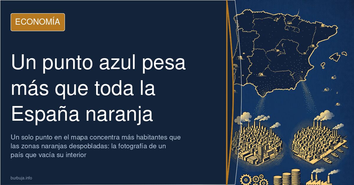 Mapa de España con un único punto azul de altísima densidad en Madrid frente a las extensas zonas naranjas despobladas del in