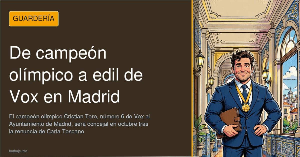 Ilustración de un piragüista con medalla olímpica junto a un atril de concejal en el Ayuntamiento de Madrid