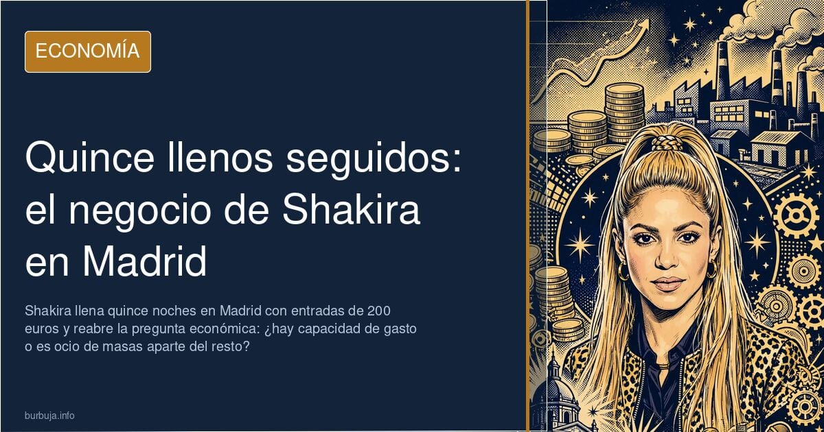 Gráfico dorado y azul marino sobre un aforo de concierto lleno y entradas de 200 euros